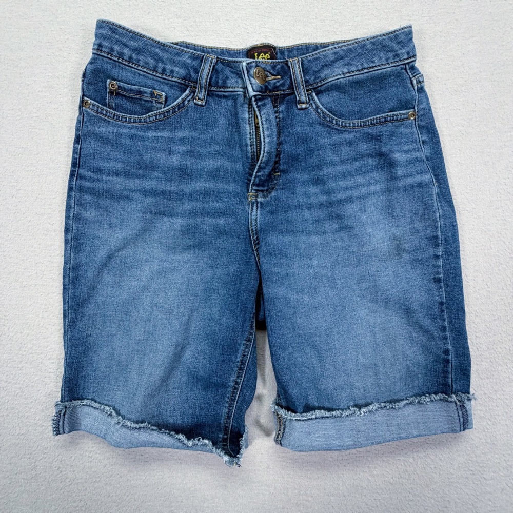 Lee‎ Womens Denim Shorts Regular Fit Blue Frayed Hem Cuffed 8